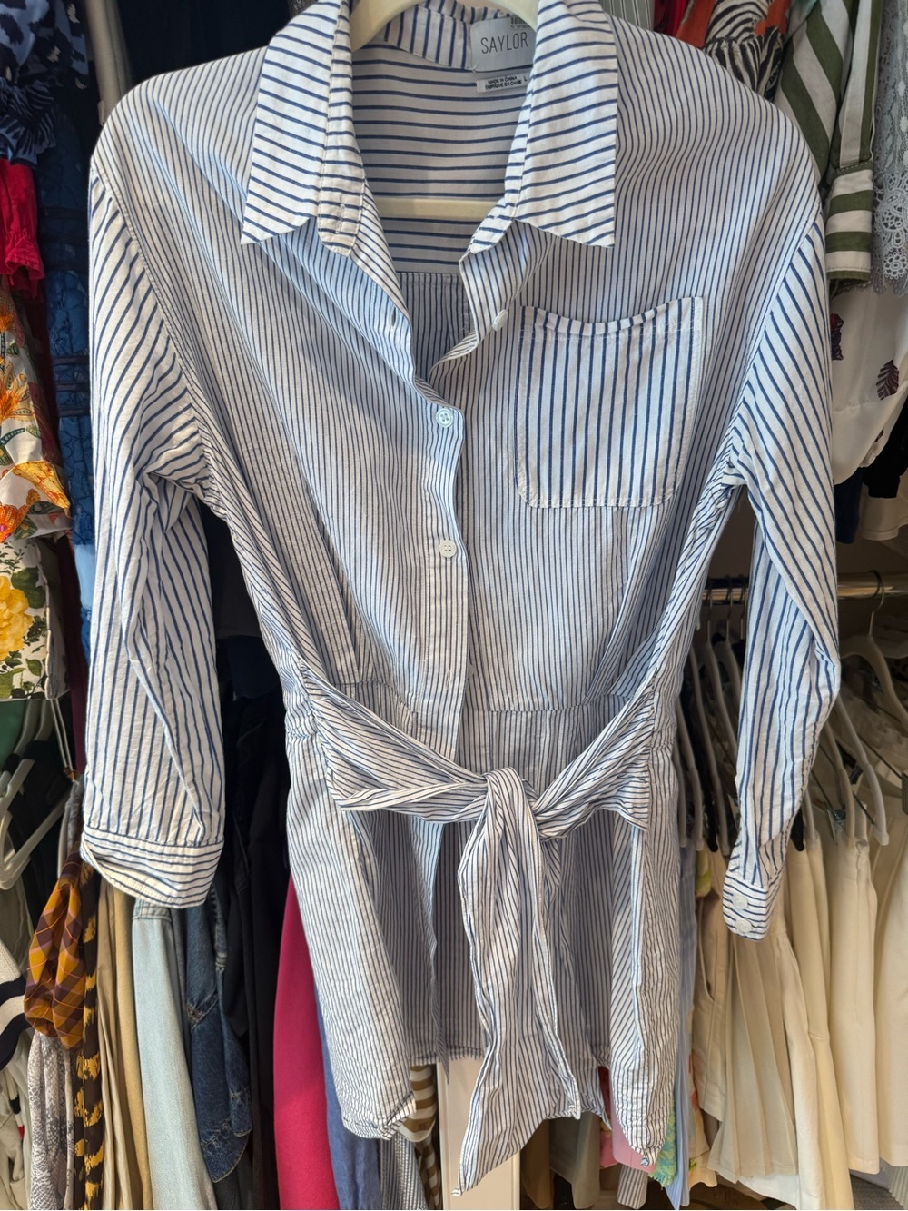SAYLOR Blue and White Striped Tie-Waist Midi Shirt Dress